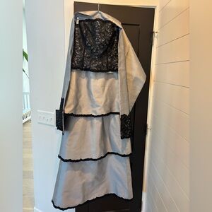 Jovani Silk Evening Gown Beaded Tiered Strapless Cape Sash Elegant Black Silver